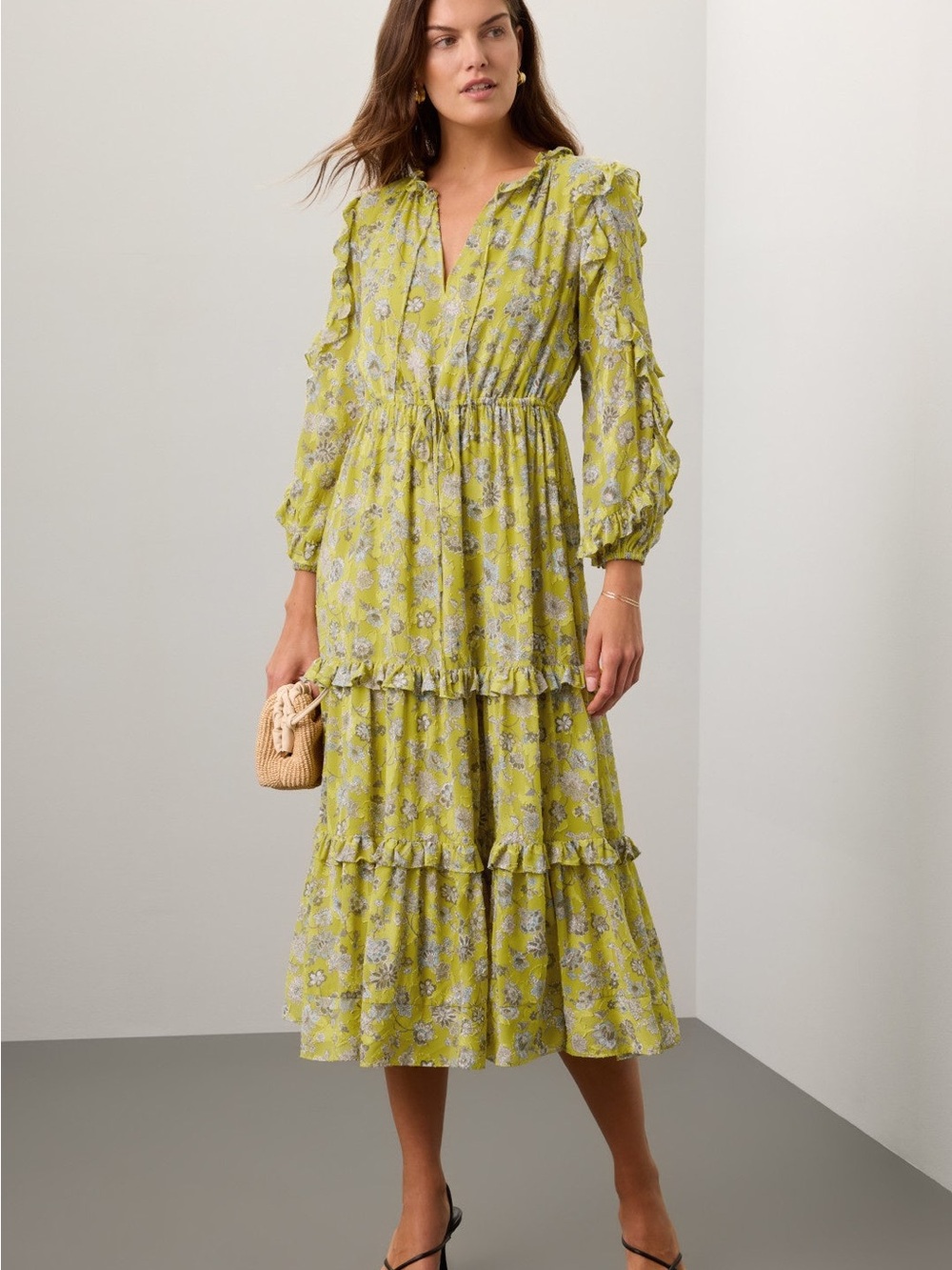 Alexis Lime Green Floral Tiered Midi Dress